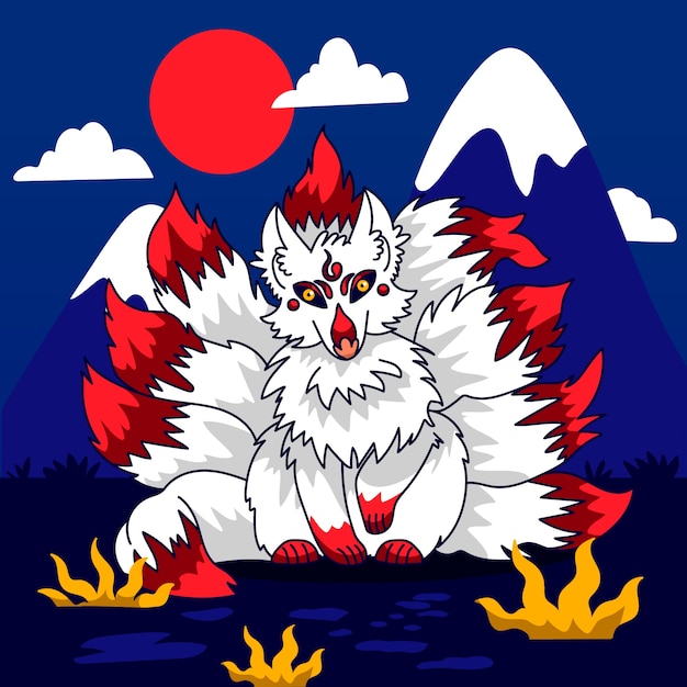 Vector ilustración kitsune dibujada a mano