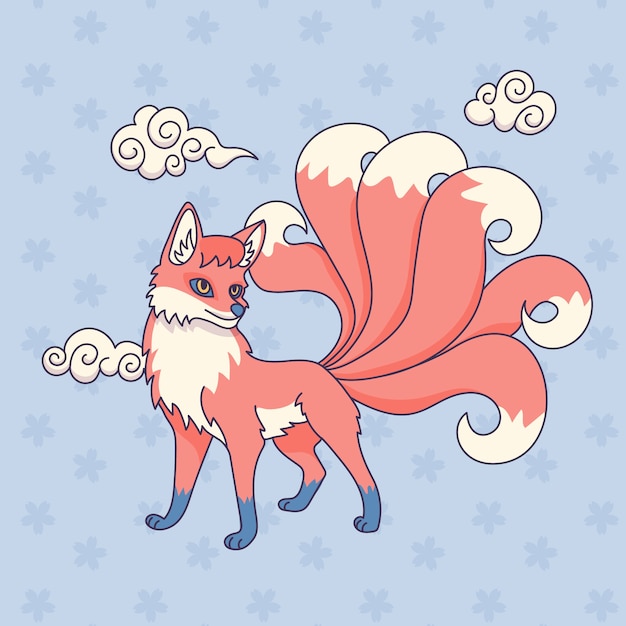 Vector ilustración kitsune dibujada a mano