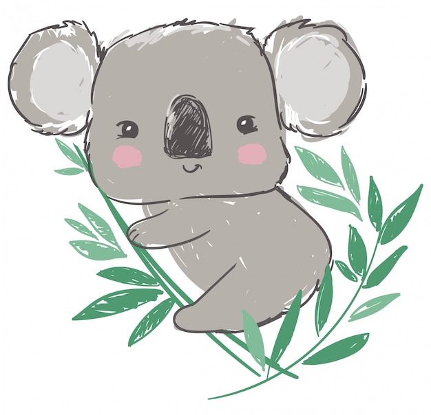 Ilustración de koala y hojas verdes