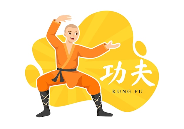 Ilustración de kung fu con personas que muestran arte marcial deportivo chino en plantillas dibujadas a mano de dibujos animados
