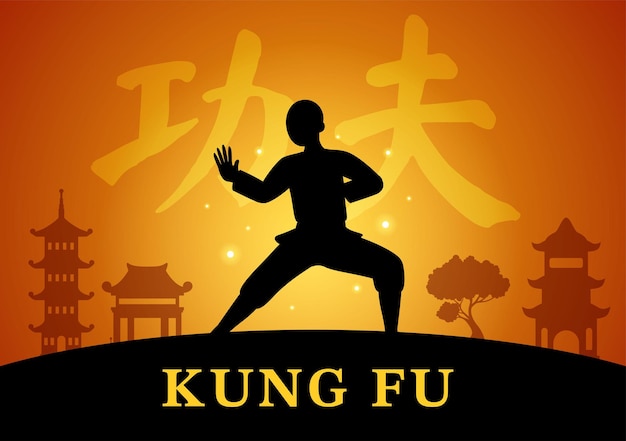 Ilustración de Kung Fu con personas que muestran arte marcial deportivo chino en plantillas dibujadas a mano de dibujos animados