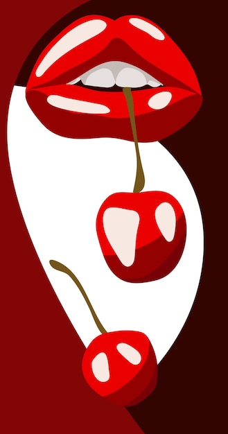 Ilustración de labios rojos brillantes con una cereza sobre un fondo abstracto Una pancarta brillante