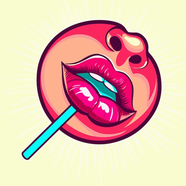 Vector ilustración de labios rosados en un palo