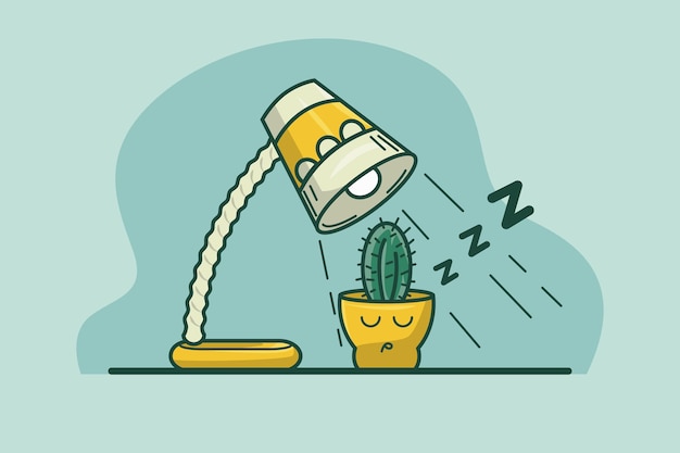 Ilustración de una lámpara de mesa que ilumina una mini planta de cactus para dormir