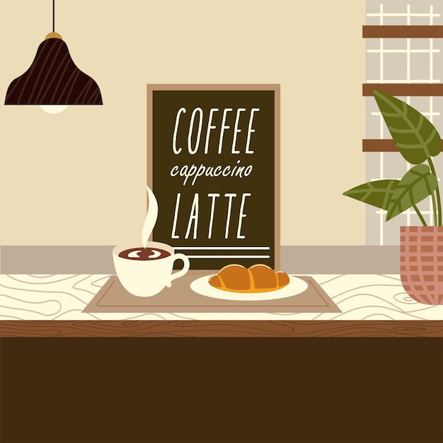 Vector ilustración de lámpara y planta de café con leche croissant