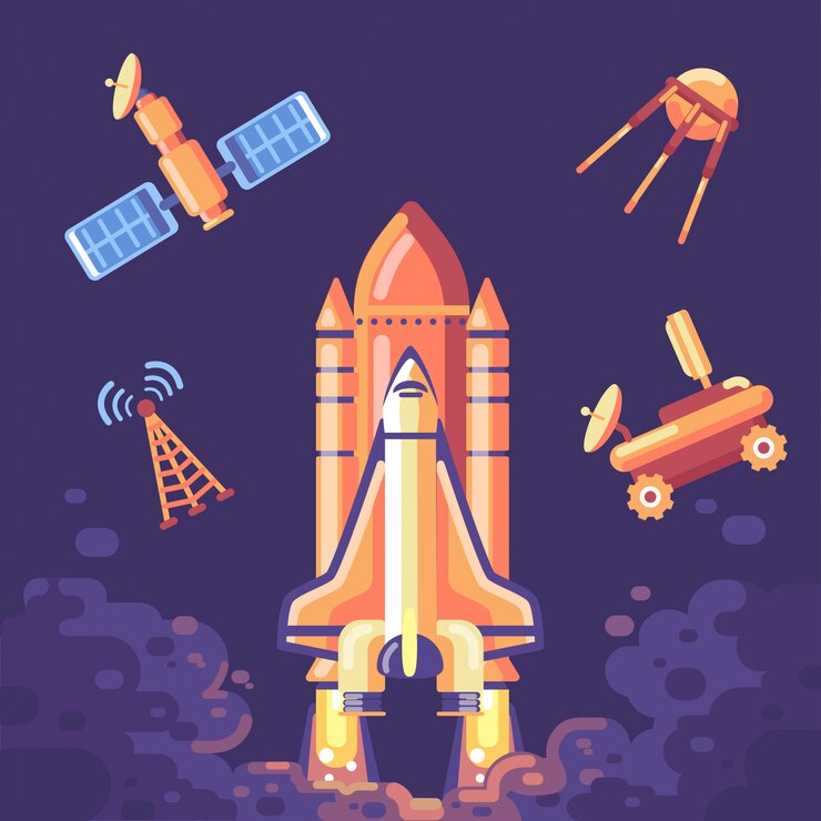 Vector ilustración de lanzamiento de cohete con conjunto de iconos