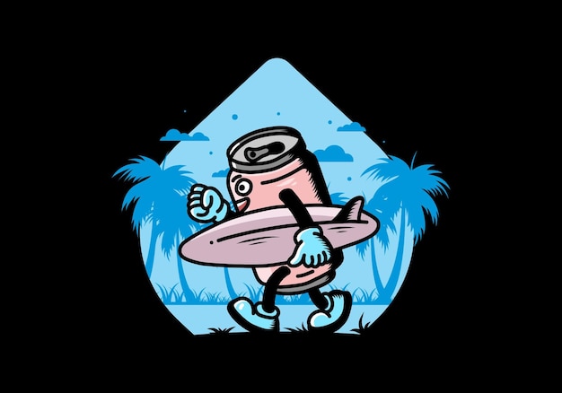 Ilustración de una lata de bebida sosteniendo una tabla de surf