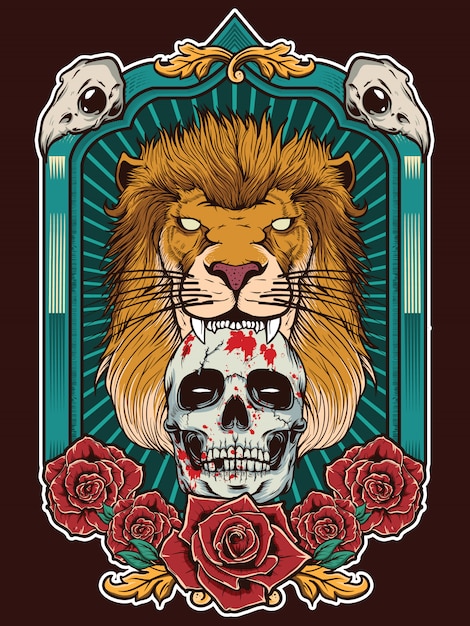 Ilustración de León con calavera y fondo de marco heráldico