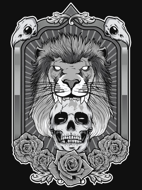 Vector ilustración de león con calavera y fondo de marco heráldico