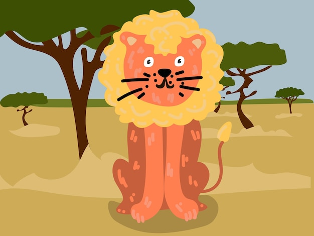 Ilustración de un león de dibujos animados en el desierto de safari Savannah con un león gracioso El rey de los animales