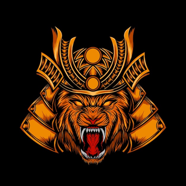 Ilustración de león enojado con samurai blindado
