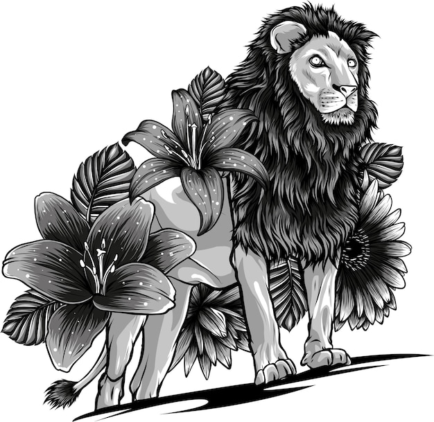 Ilustración de León monocromo con flor sobre fondo blanco.