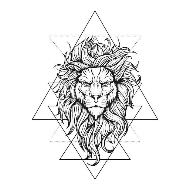 Ilustración de león de tatuaje blanco y negro vectorial en signo de geometría