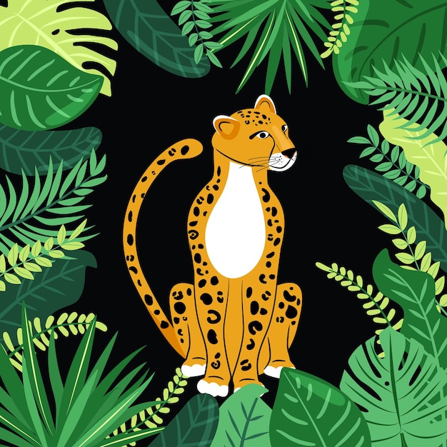 Ilustración con leopardo y plantas tropicales Marco de hojas tropicales Selva exótica
