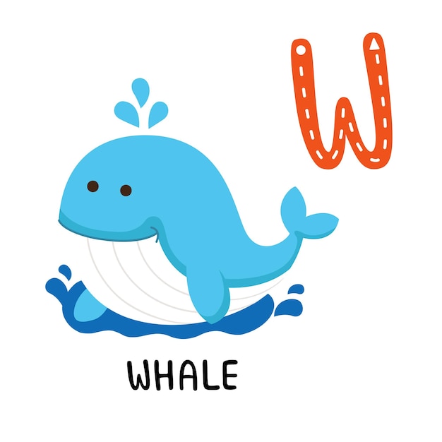 Ilustración de la letra del alfabeto animal aislado WWhale