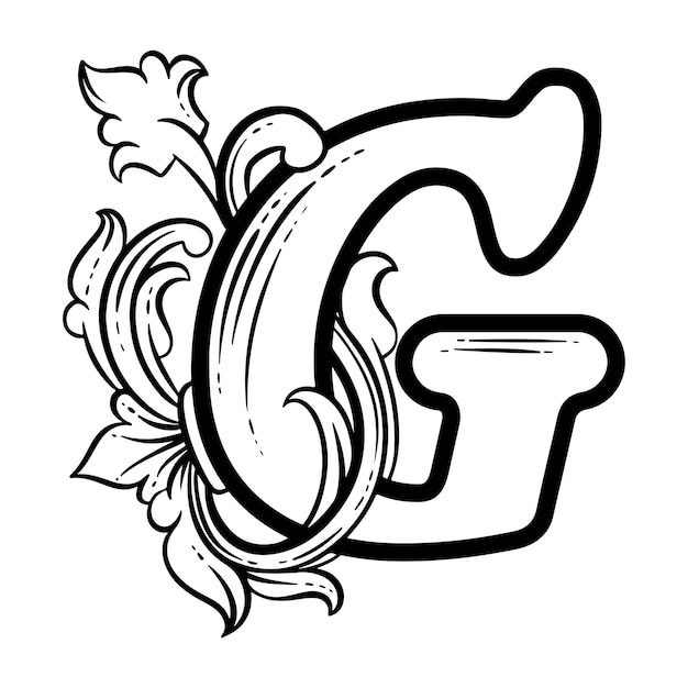 Ilustración de una letra del alfabeto en blanco y negro G ornamento floral vintage