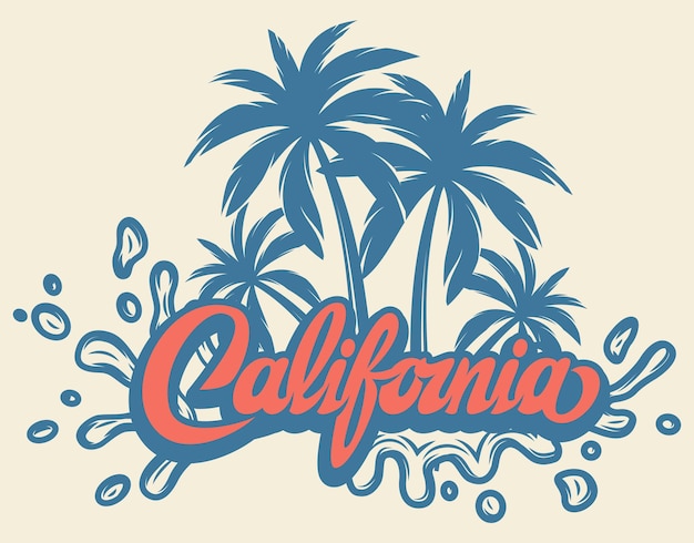 Ilustración con letras caligráficas California y palmeras