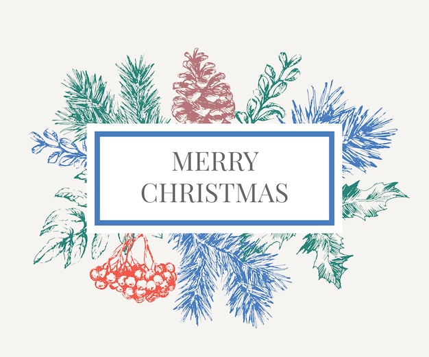 Ilustración de letras del marco de Navidad con ramas de árbol de Navidad