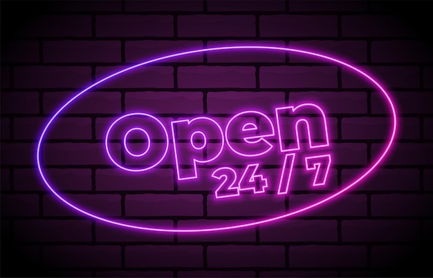 Ilustración del letrero de neón vectorial Abierto las 24 horas Marco de neón brillante 24 7 Letrero de neón retro
