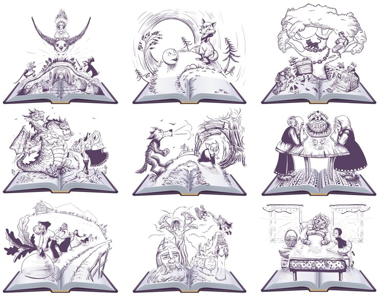 Ilustración de libro abierto de cuento de hadas. Conjunto de dibujo. Aislado en blanco