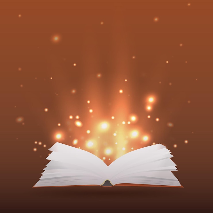 Vector ilustración con un libro abierto rayos de luz y chispas