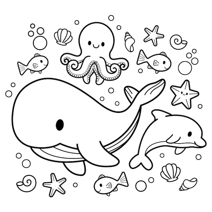ilustración de libro para colorear de animales marinos