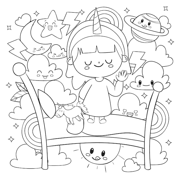 Vector ilustración de libro para colorear kawaii dibujado a mano