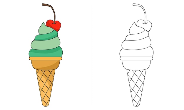 Vector ilustración de libro para colorear para niños cono de taza de helado verde con cereza