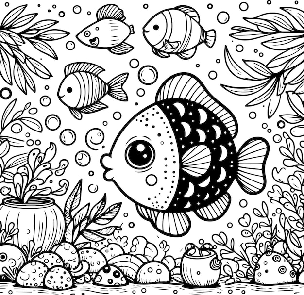 Vector ilustración de libro de colorear para niños con contorno de pescado negro