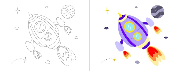 Ilustración Libro Para Colorear Para Niños Dibujos Animados Nave Espacial Púrpura
