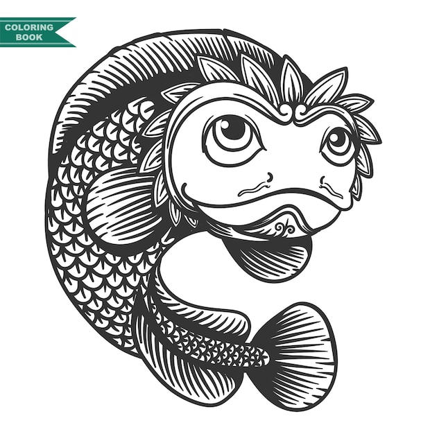 Ilustración de libro para colorear de peces, animal zentangle