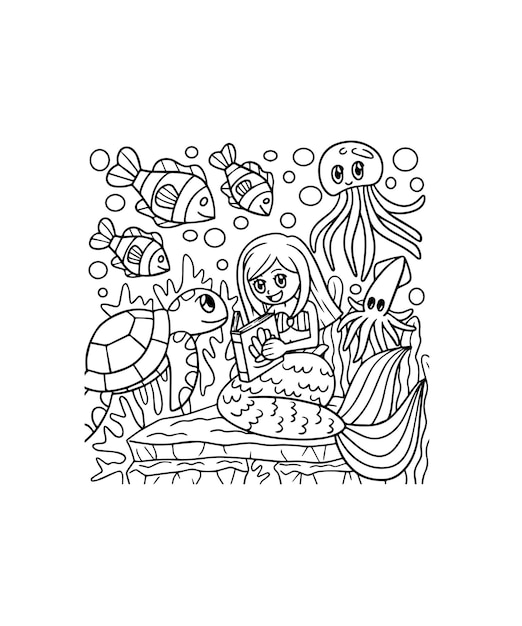 Ilustración de libro para colorear de sirena dibujada a mano de vector libre