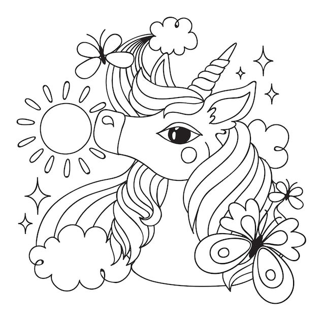 Vector ilustración de libro para colorear de unicornio dibujado a mano