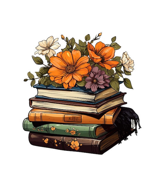 Ilustración de libros y flores.