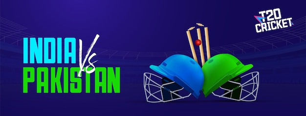 Vector ilustración para la liga del campeonato de cricket t20 poster india contra pakistán con el wicket de la pelota de cricket