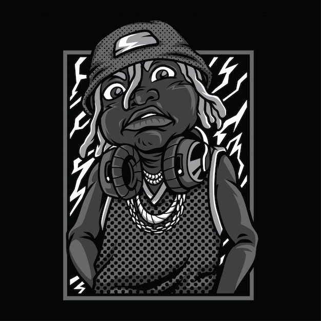 Ilustración de Lil Badass en blanco y negro