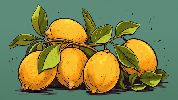 Vector una ilustración de limones con hojas y un fondo verde