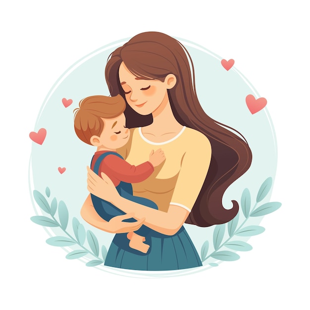 Ilustración linda al estilo de dibujos animados vectoriales Madre sosteniendo un bebé niño estandarte del día de la madre