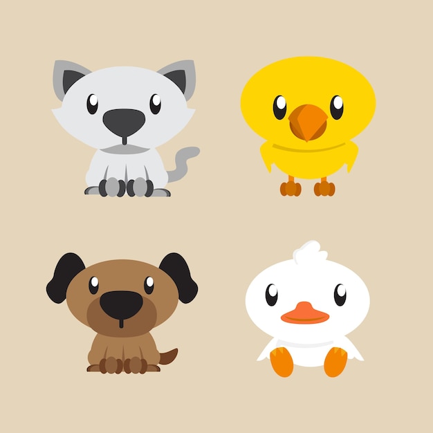 Ilustración linda de animales de granja gatos pollitos perros y patos