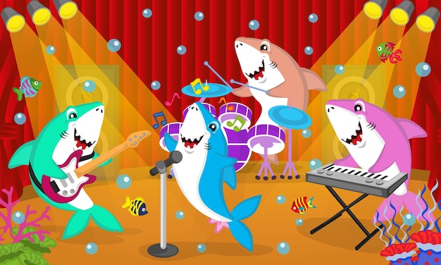 Ilustración de una linda banda de tiburones, tocando instrumentos musicales, guitarra, batería, teclado y cantando