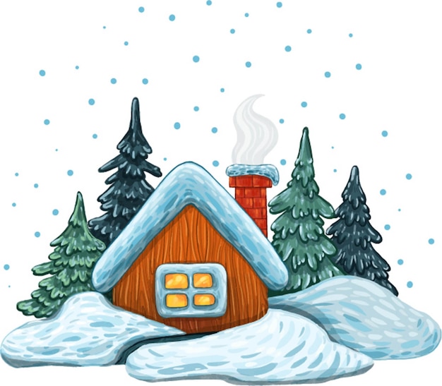 Vector ilustración de una linda casa de invierno con árboles de navidad en ventisqueros