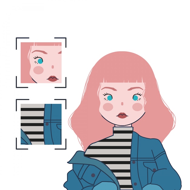 Vector ilustración linda chica con cabello rosado y blue jeans