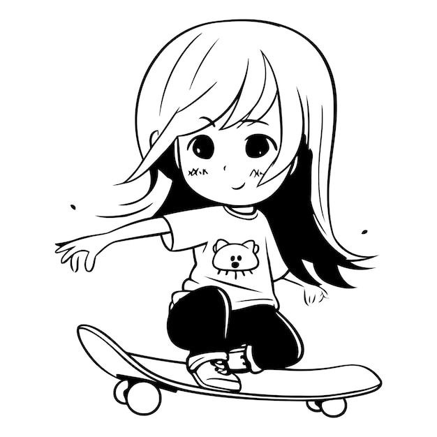 Vector ilustración de una linda chica de dibujos animados patinando en un longboard