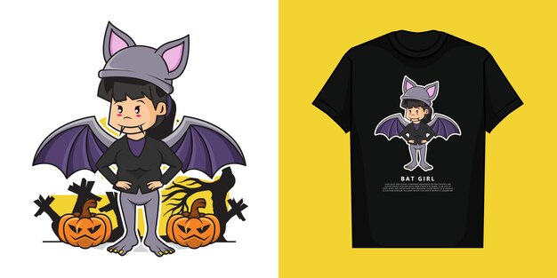 Ilustración de linda chica con disfraz de murciélago sigiloso en los días de halloween con diseño de camiseta