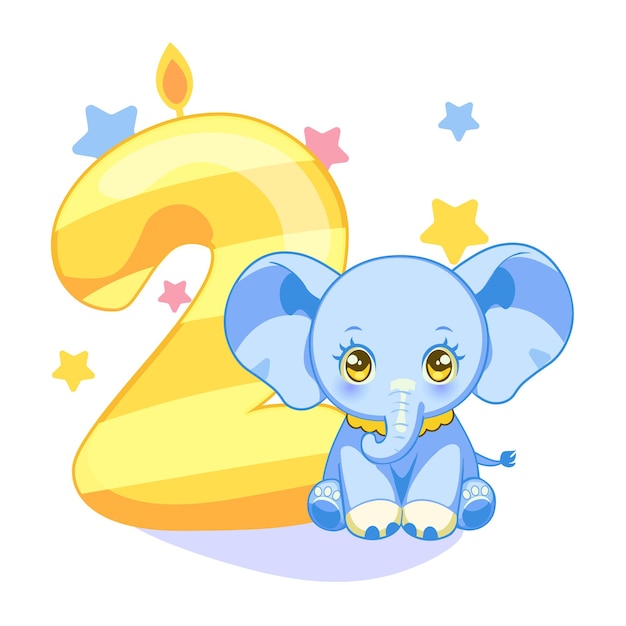 Una ilustración linda para un cumpleaños infantil con un bebé elefante y una vela de figura