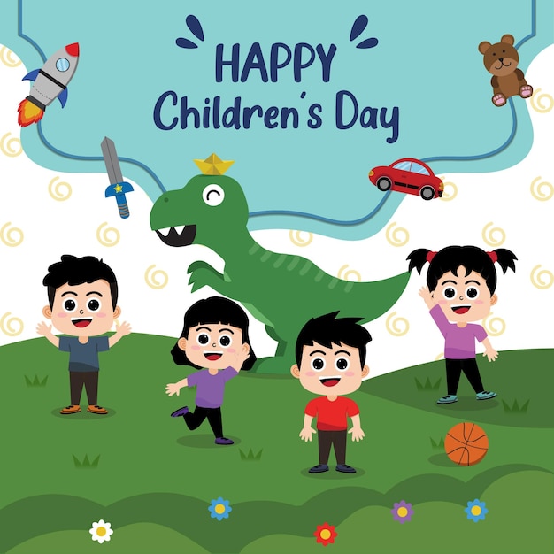 Ilustración linda Dibujado a mano Vector Happy Children Day's Feeds Tamaño