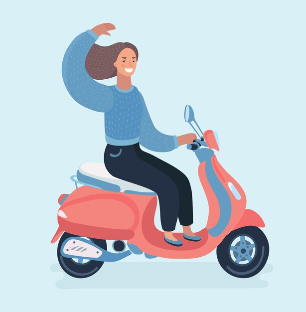 Ilustración linda divertida de la muchacha en una motocicleta.