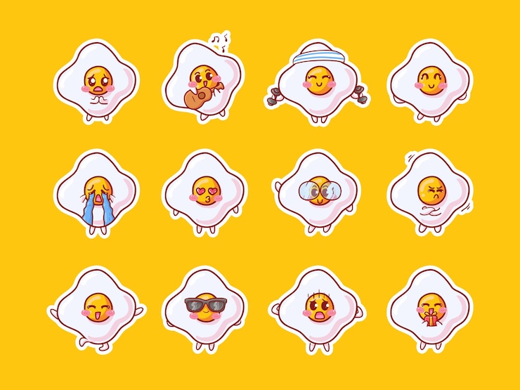Ilustración linda de las etiquetas engomadas del carácter del huevo frito de Kawaii con varias mascotas de la actividad de la expresión feliz
