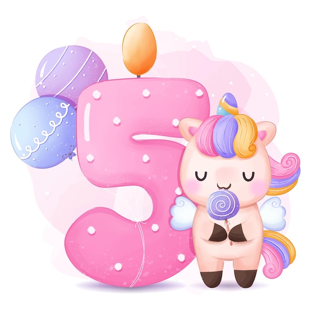 Vector ilustración linda de la fiesta de cumpleaños de los unicornios