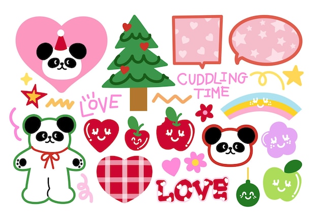 Ilustración linda de la fiesta del panda feliz sombrero árbol de Navidad manzana corazón flor arco iris estrella para